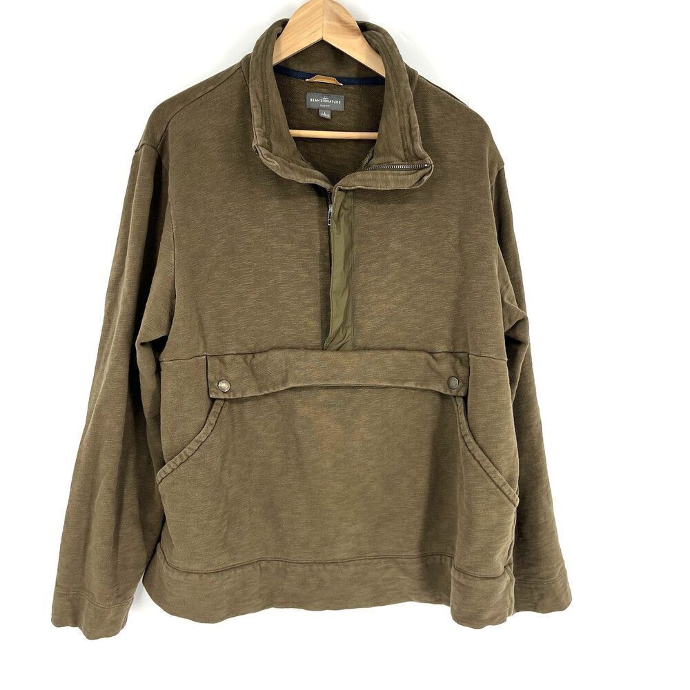 LL Bean Signature Vintage Sweatshirt Size Large Men Olive Green Pullover 1/2 Zip - Picture 1 of 7